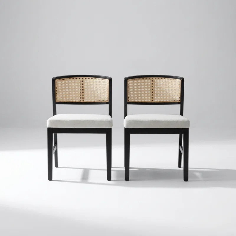 Set of 2 Modern Rattan Back Dining Chairs with Upholstered Seat and Hardwood Frame | Wayfair North America