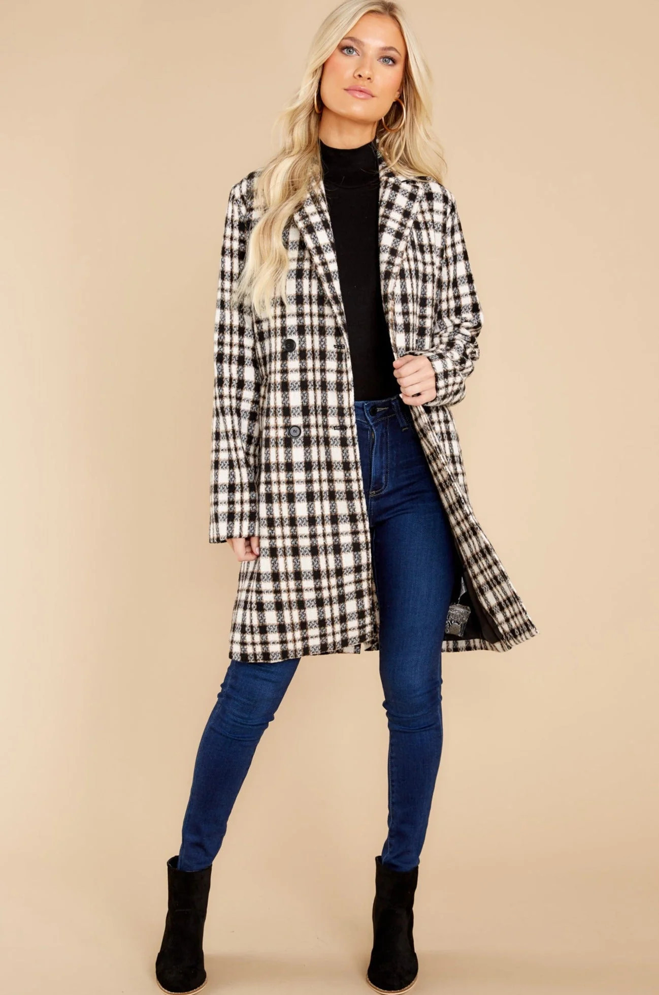 Classically Chic Black And White Plaid Coat | Red Dress 