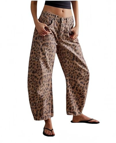 Womens Barrel Jeans Leopard Wide Leg Vintage Loose Y2k Mid Rise Baggy Jeans Boyfriend Harem Pants | Amazon (US)