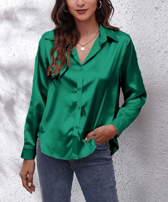 NXH Women's Button Down Shirts Green - Green Button-Up Top - Women | Zulily