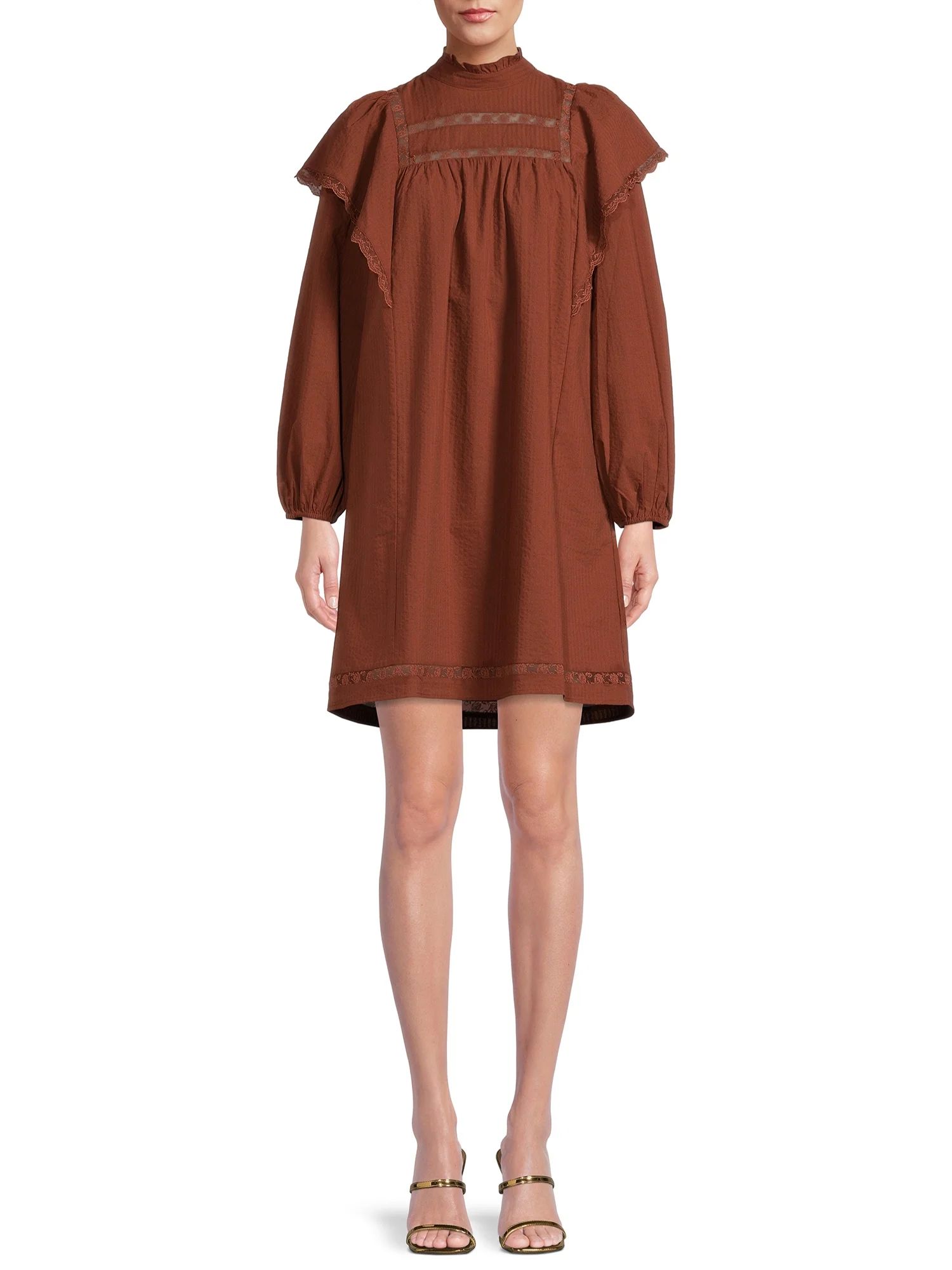 The Get Women's Lace Trim Mini Dress with Long Sleeves - Walmart.com | Walmart (US)