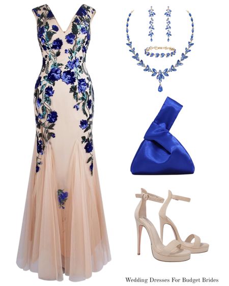 Royal blue floral formal event gown and accessories. 

#floralweddingdress #promdress #bridesmaiddress #weddingguestdress #summerwedding 

#LTKstyletip #LTKwedding #LTKparties