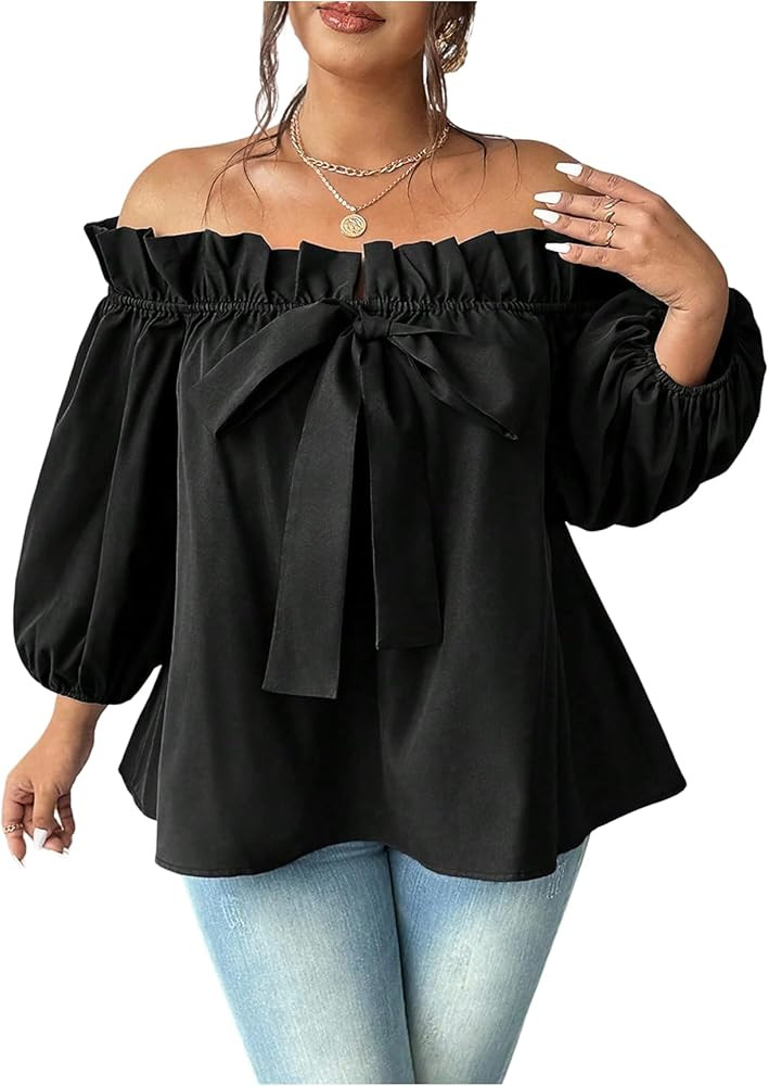 OYOANGLE Women's Plus Size Off Shoulder Blouse Bow Tops Lantern Sleeve Frill Trim Flared Shirts | Amazon (US)
