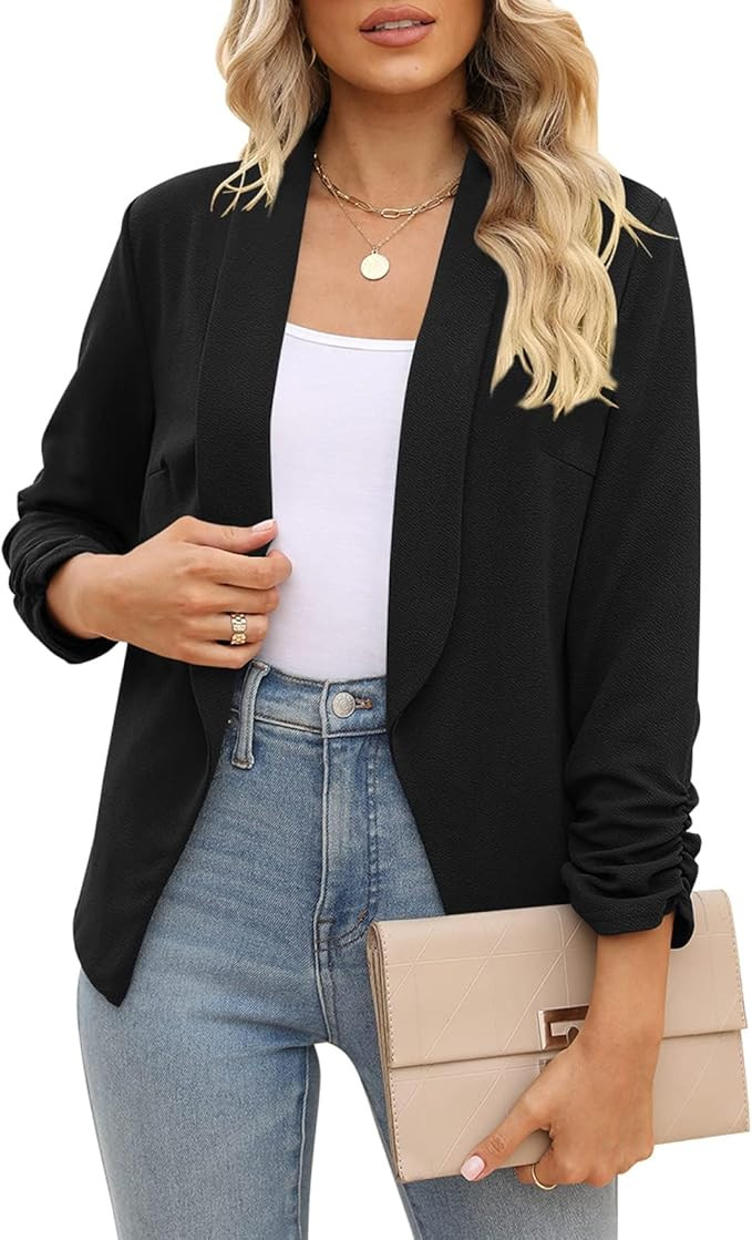 POGTMM Women 3/4 Sleeve Blazer Open Front Cardigan Jacket Work Office Blazer | Amazon (US)
