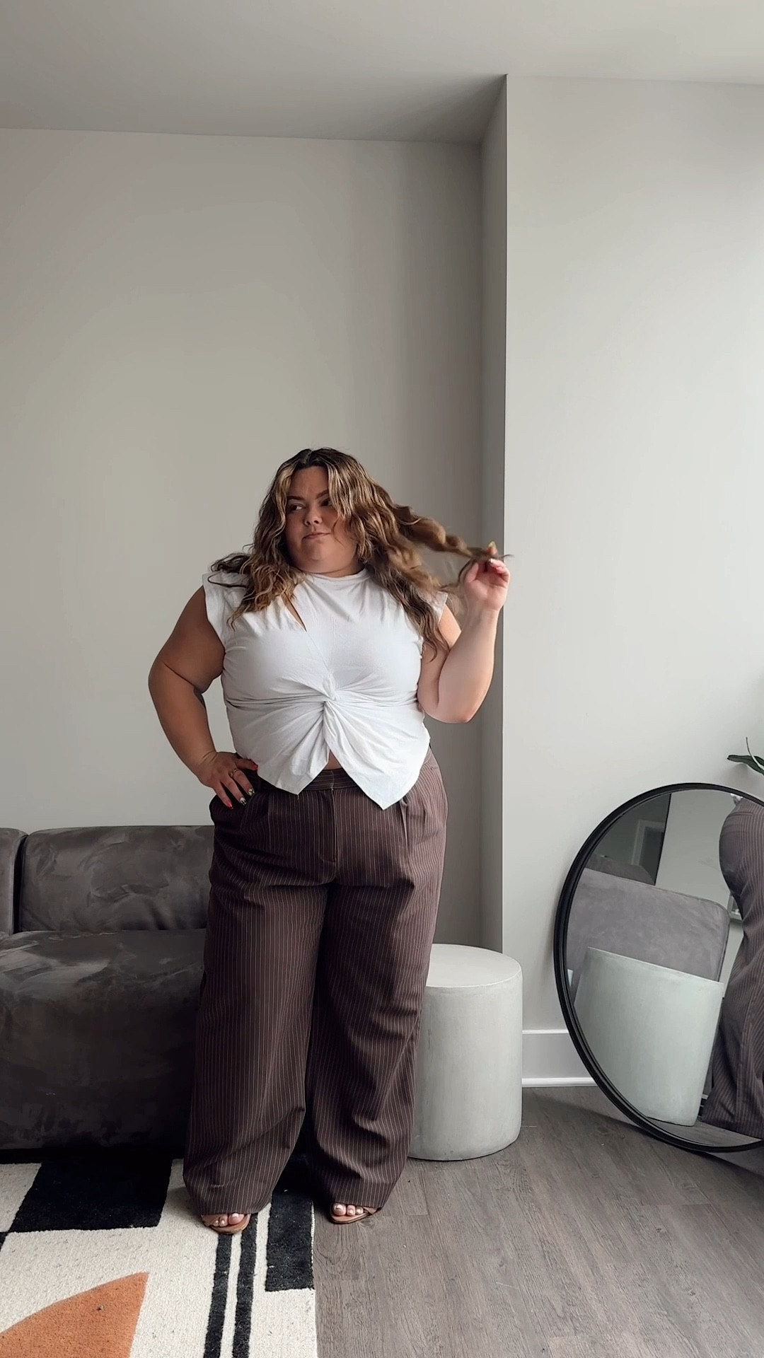 plus size work outfit for the office 
I’m 5’2 and a size 20
• t shirt: Eloquii (old) 
• petite and plus size work pants: Abercrombie size 36 Short 
• heels: Naturalizer 
• sweatpants: Elwood size XXL
• t shirt: Old Navy size 2X

#LTKWorkwear #LTKPlusSize #LTKMidsize