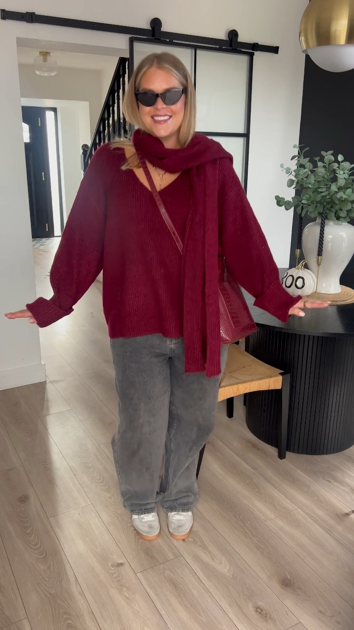 Autumn outfits. Transitional outfit. Mum style. Casual style. Midsize outfit. Streetstyle. Everyday outfit. Burgundy jumper. Burgundy scarf. Grey jeans. Grey adidas gazelle. Burgundy bag. ASOS. Pretty little thing. Fourth and reckless. 

#LTKeurope #LTKautumn #LTKmidsize