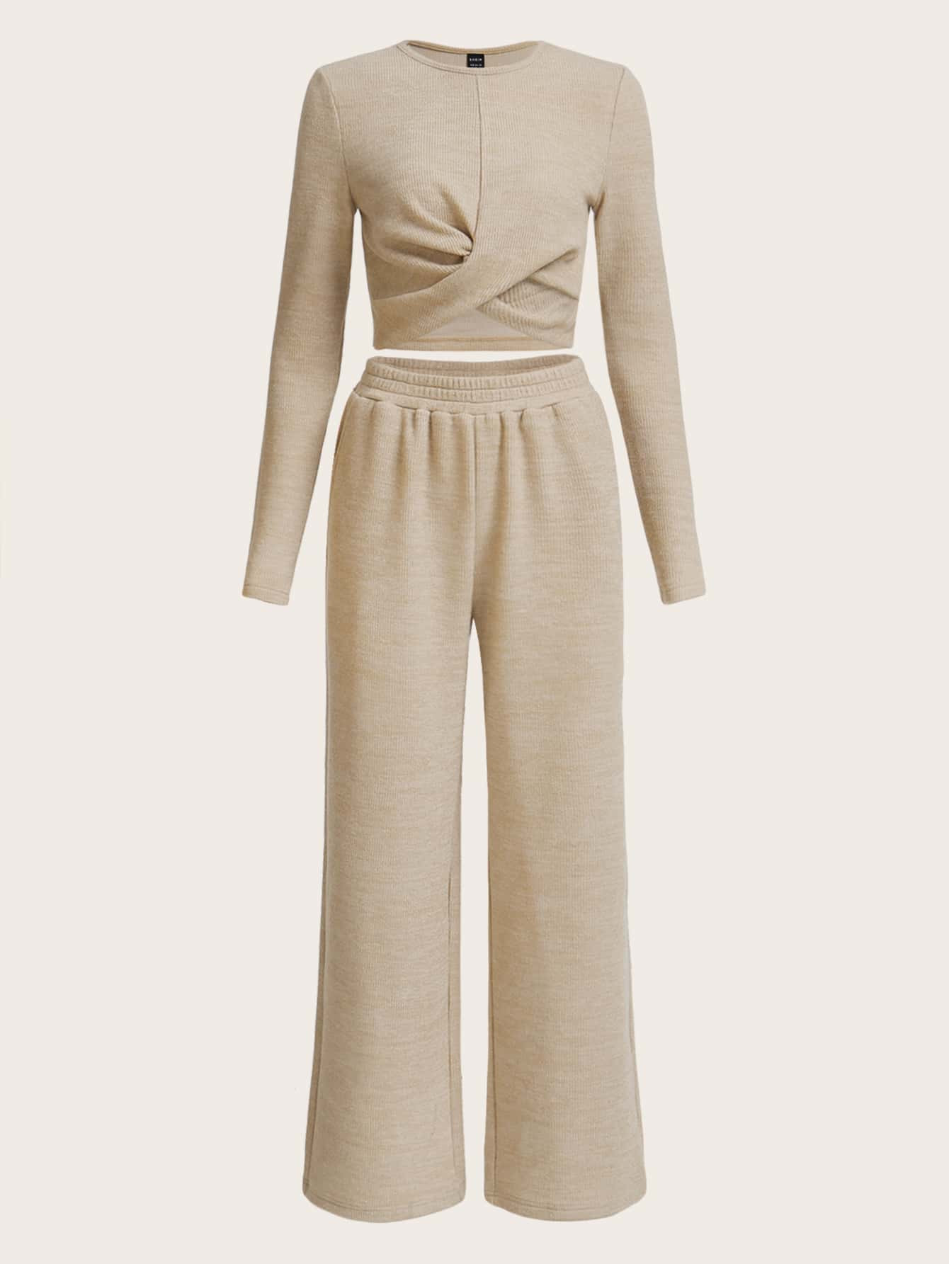 SHEIN EZwear Wrap Front Crop Tee & Pants | SHEIN