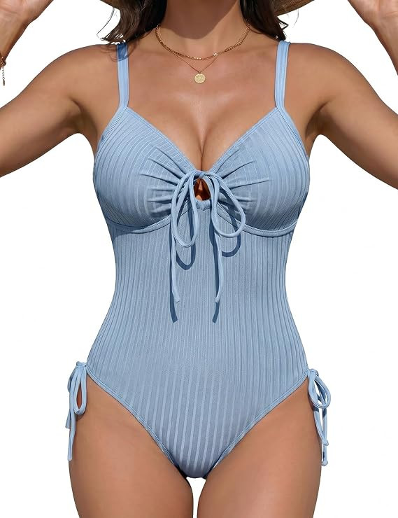 Women's Ribbed One Piece Swimsuit Textured Bathing Suit with Bow Tie Knot Slimming Adjustable Str... | Amazon (US)