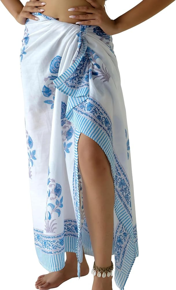 100% Cotton Sarong Cover Up for Women Indian Block Print Beach Wrap Skirt Long Boho Swimsuit Biki... | Amazon (US)