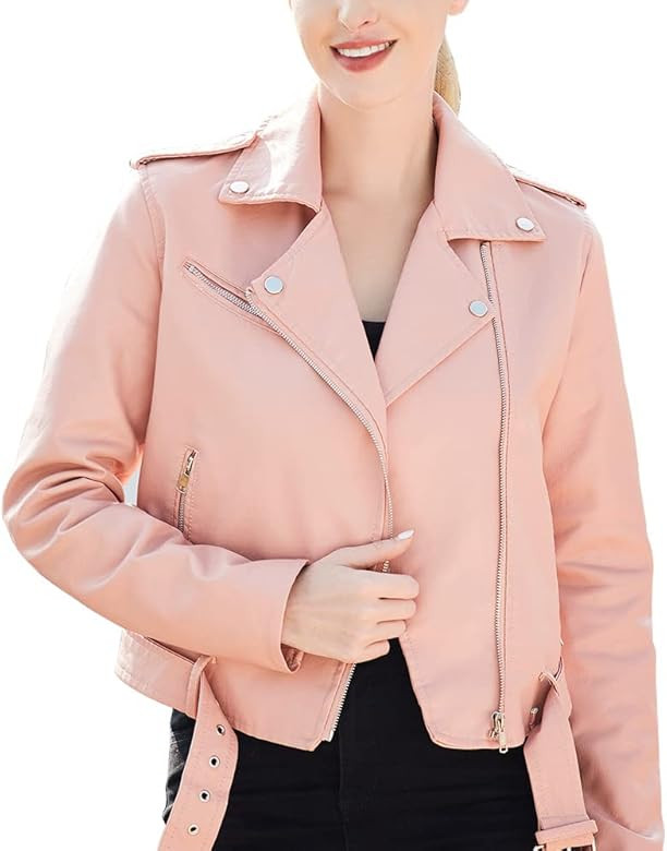 RIJING Women's Faux Leather Belted Motorcycle Jacket Ladies Fashion Casual Slim Short Coat Lightw... | Amazon (US)