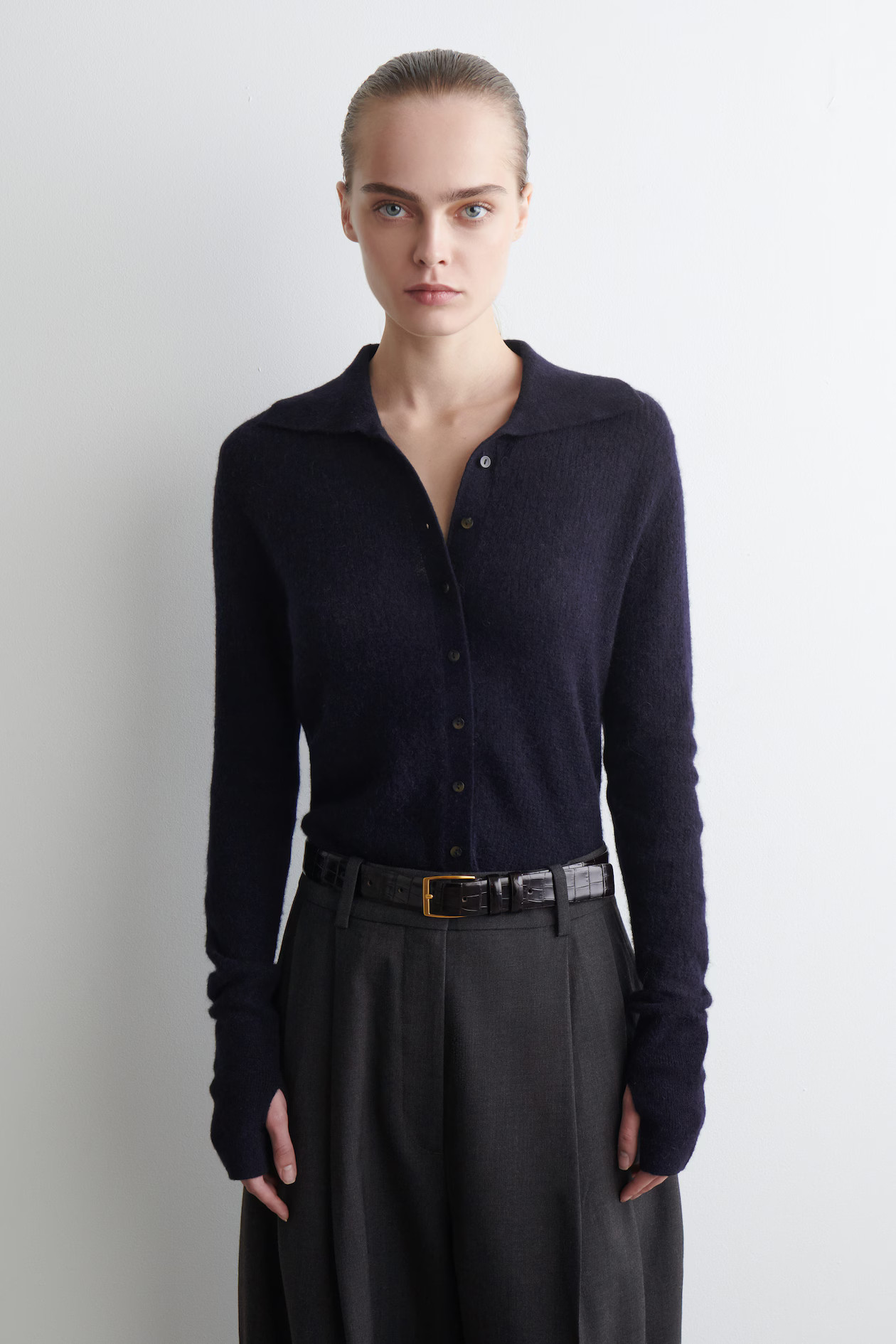 ALPACA MERINO WOOL HIGH-NECK CARDIGAN - NAVY MÉLANGE | COS GB | COS UK