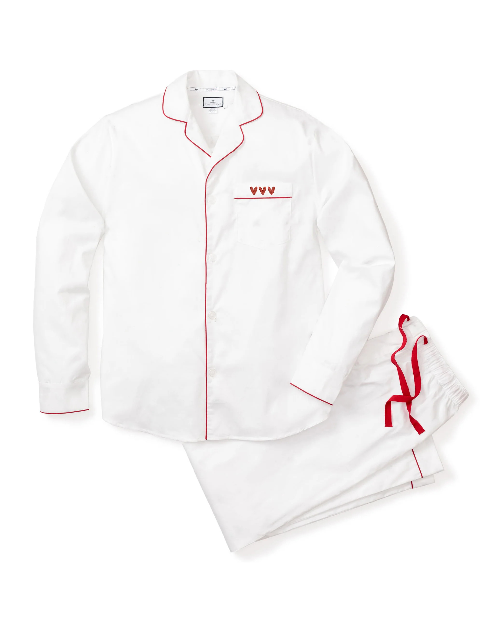 Men's White Twill Pajama Set with Heart Embroidery | Petite Plume