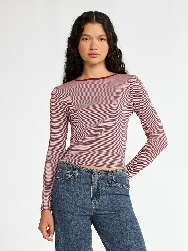 No Boundaries Striped Tee with Long Sleeves, Women's | Walmart (US)