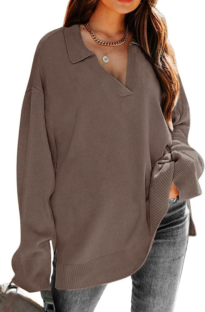 LILLUSORY Womens V Neck Collared Oversized Fall Sweater 2023 Sexy Long Sleeve Knit Pullover Tunic... | Amazon (US)