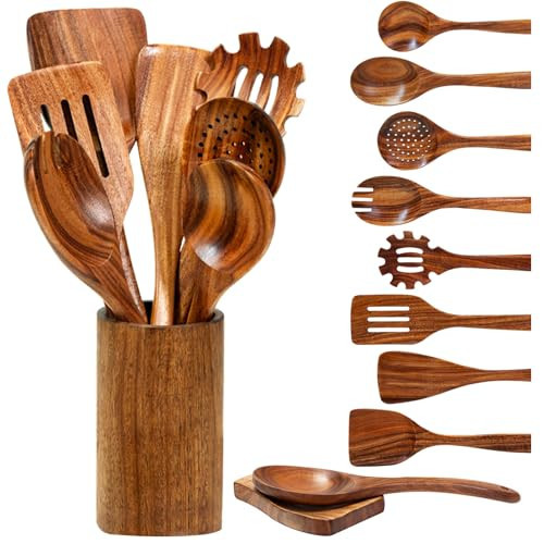Vorisebo Wooden Spoons for Cooking, Natural Teak Wooden Utensils Set, 10 Piece Handmade Wood Kitchen Utensil Set with Holder and Spoon, Durable Nonstick Kitchen Cookware Tool | Amazon (US)