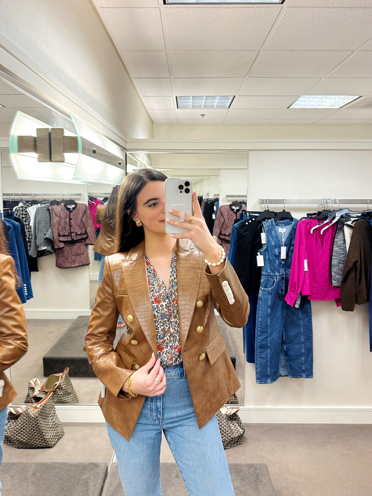 Veronica Beard Croc Embossed Faux Leather Dickey Jacket majorly marked down! This chocolate brown jacket is so stunning for fall! I paired the blazer with a Veronica Beard Floral shirt and Madewell jeans!