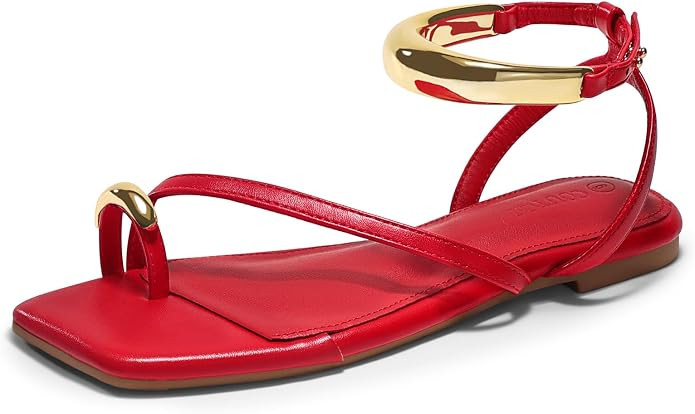 Coutgo Womens Strappy Flat Sandals Flip Flops Open Toe Ring Sandals Metal Ankle Strap Summer Beac... | Amazon (US)