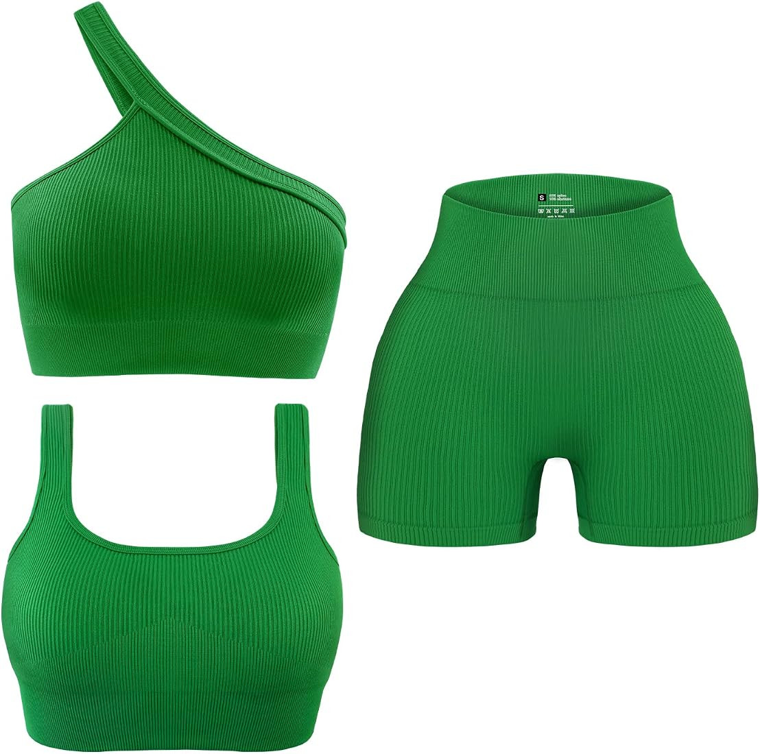 OLCHEE Womens 3 Piece Workout Sets - Seamless Ribbed Yoga Outfits Sports Bra One Shoulder Top Bik... | Amazon (US)