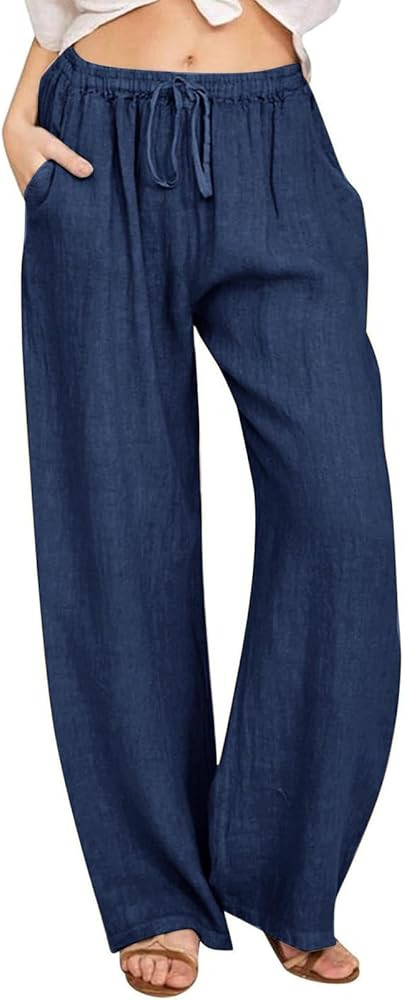 Women's Cotton Linen Wide Leg Pants High Waist Casual Comfy Palazzo Trousers with Drawstring for ... | Amazon (US)