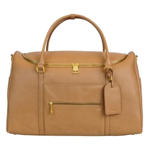 FAWN DESIGN The Weekender Bag, Carry on Bags for Airplanes, Overnight Bag for Women, Premium Matte Faux Leather Duffle Bag with Luggage Tag and Contact Card, 20x10x12 inches, 39 Liters, Tan | Amazon (US)