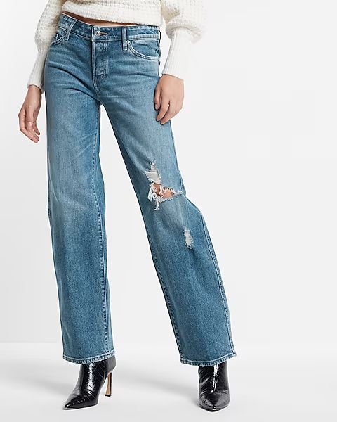 Low Rise Medium Washed Ripped Baggy Straight Jeans | Express