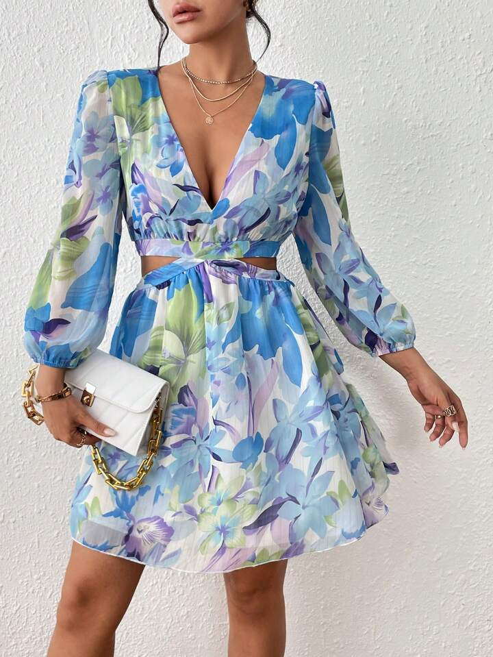 SHEIN LUNE Allover Print Cut Out Waist Plunging Neck Lantern Sleeve Dress | SHEIN