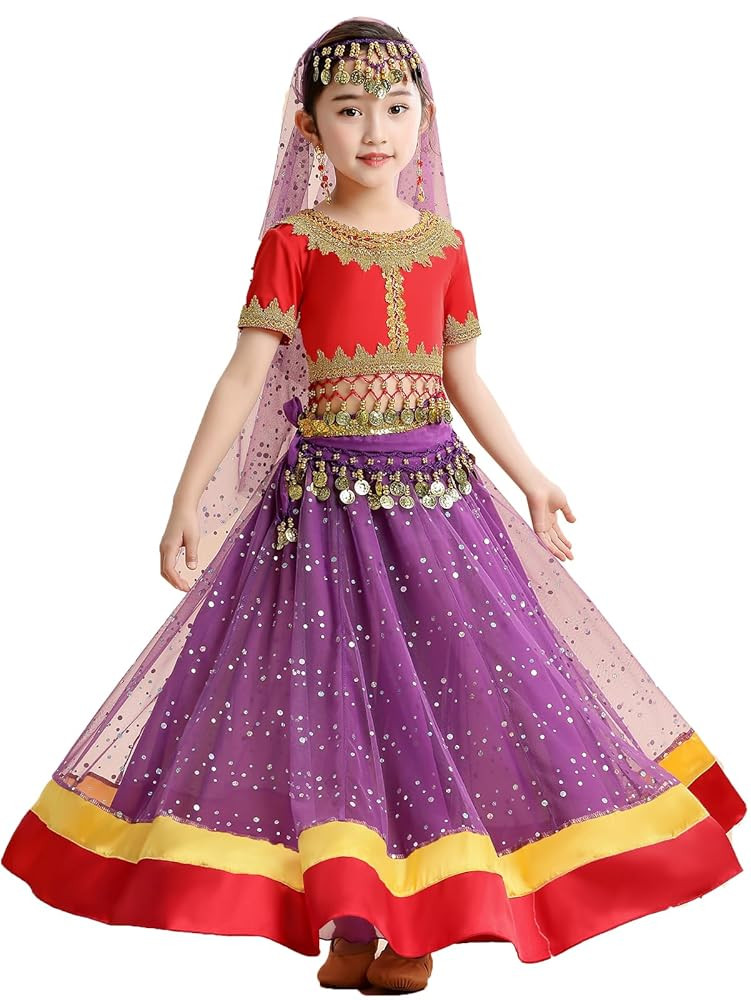 ORIDOOR Belly Dance Dress Girls Indian Bollywood Halloween Costume Chiffon Skirts Shiny Belly Dan... | Amazon (US)