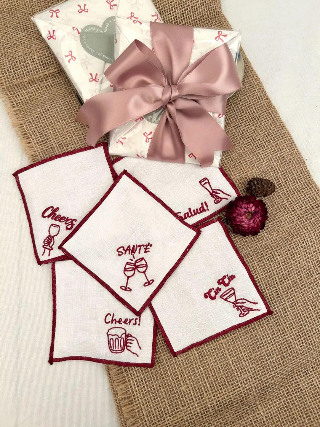 Personalized Embroidered Linen Cocktail Coasters Napkins, Santé Cin Cin Cheers Custom Cocktail N... | Etsy (US)