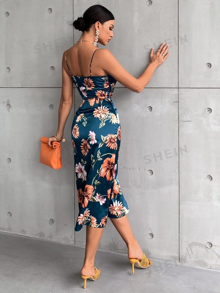 SHEIN Frenchy Floral Print Drape Neck Split Thigh Satin Dress | SHEIN