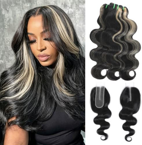 F1B/613 Blonde Bundles Human Hair with 2x6 Lace Closure Body Wave, 13A Blonde And Black Highlight... | Amazon (US)
