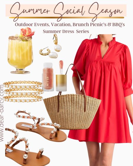 Summer Social Season
Outfit… Dress season

This darling red dress is flattering  and affordable 

Straw tote , cute pearl strap sandals 

Julie Vos Pearl bangles 

Steins lip gloss 

Beautiful glasses to serve yummy drinks or make a great wedding or bridal shower gift🎁


#LTKFindsUnder100 #LTKStyleTip #LTKParties