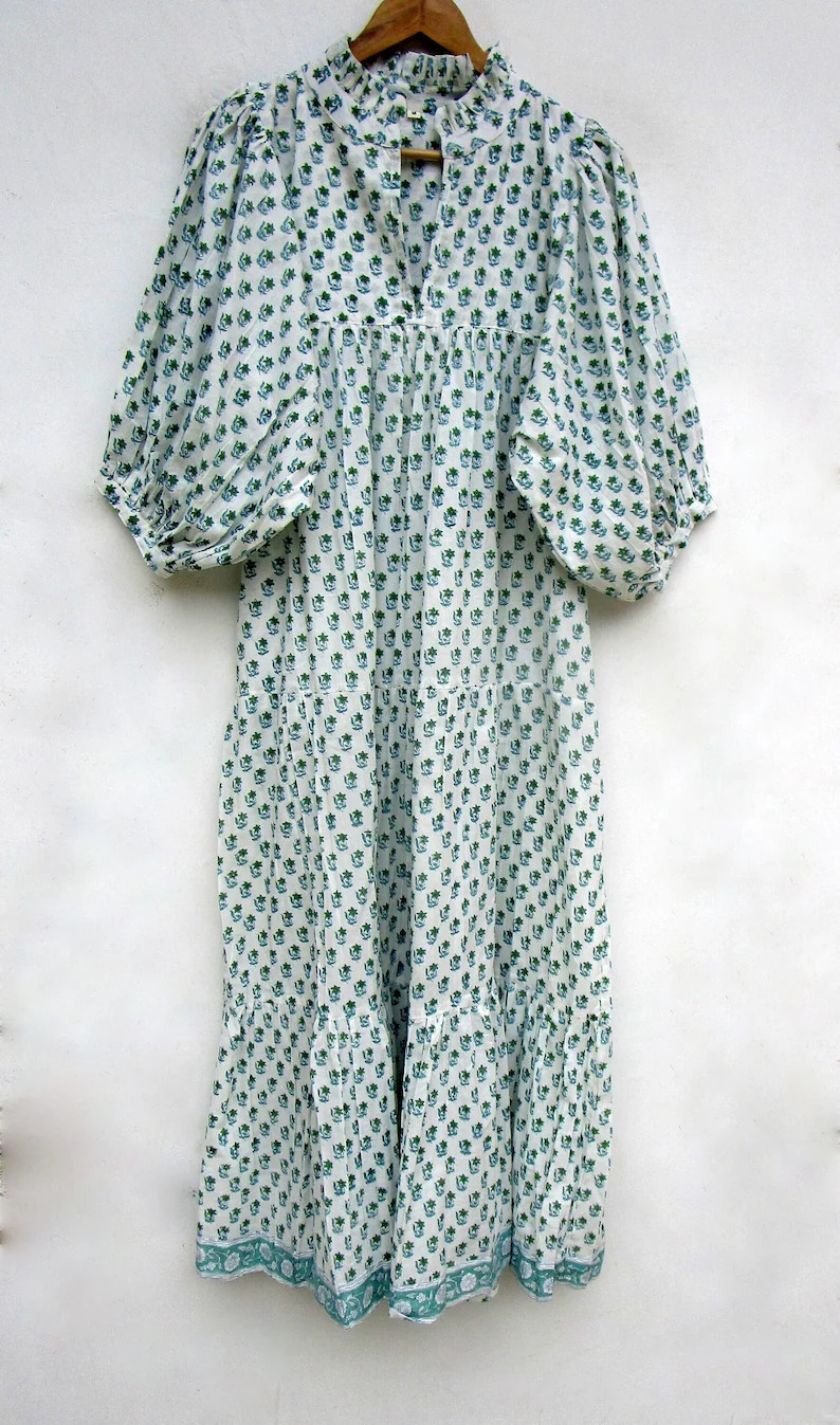 printed little booty printed cotton maxi dress - v neckline maxi dress - 3/4th sleeve with button... | Etsy (US)