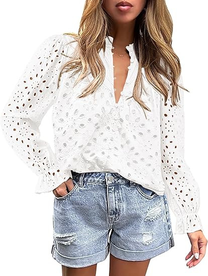 PRETTYGARDEN Women's Dressy Casual Blouse Tops Fall Spring Puff Long Sleeve Button V Neck Hollow ... | Amazon (US)