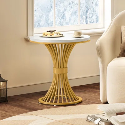 Modern Round Side Table, Small Faux Marble End Table with Gold Metal Base | Wayfair North America