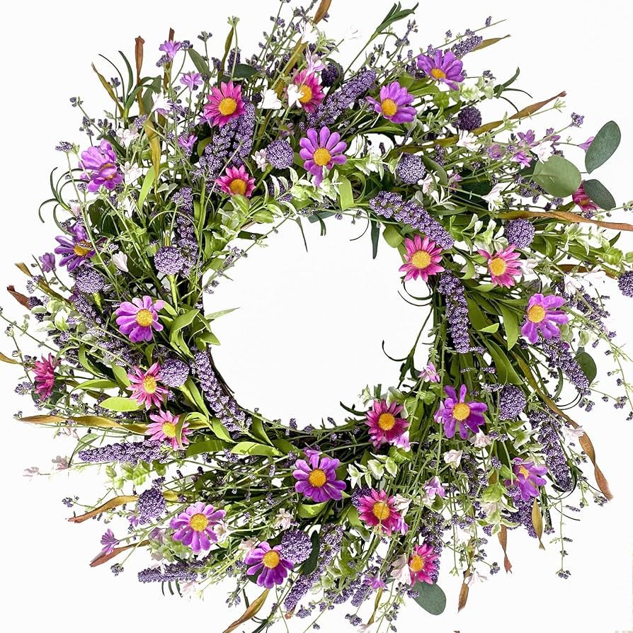 Bibelot 22 Inch Spring Wreath Purple Flower Wreath Everyday Artificial Wild Flower Wreath for Fro... | Amazon (US)