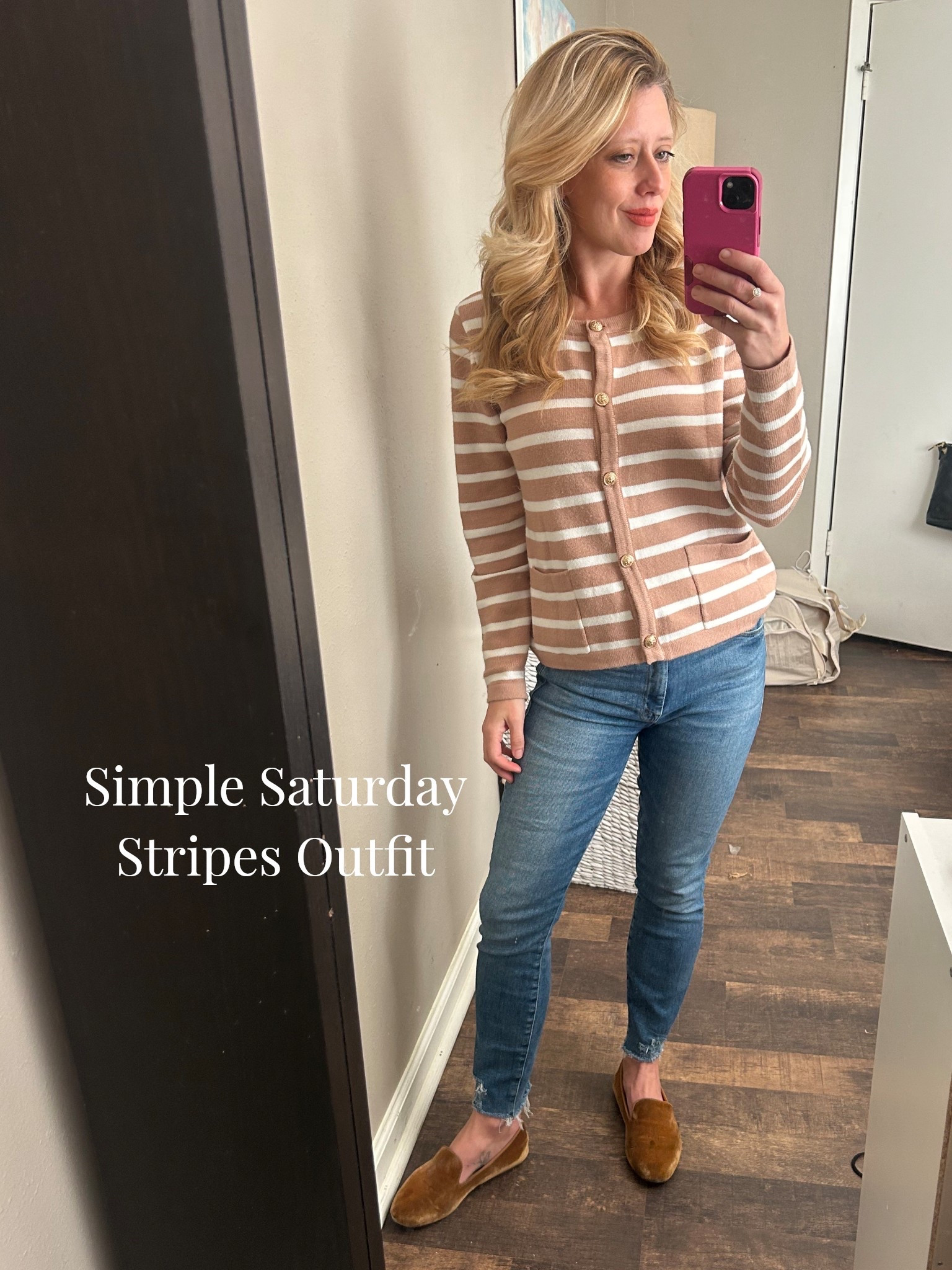 Wearing a beautiful gold button striped cardigan and @mother jeans with the softest stretch.
Paired the look with soft velvet loafers from @birdies for a simple Saturday casual but polished look!



#LTKgrwm #LTKSaleAlert #LTKdayinmylife