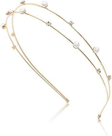 COCORIBBON Pearls Crystals Double Gold Metal Thin Tiaras Women Wedding Quality Fashion Headbands | Amazon (US)