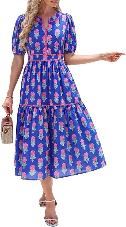 Kedera Womens Summer Boho Floral Midi Dress 2026 Casual Long Sleeve V Neck Flowy Beach Vacation L... | Amazon (US)