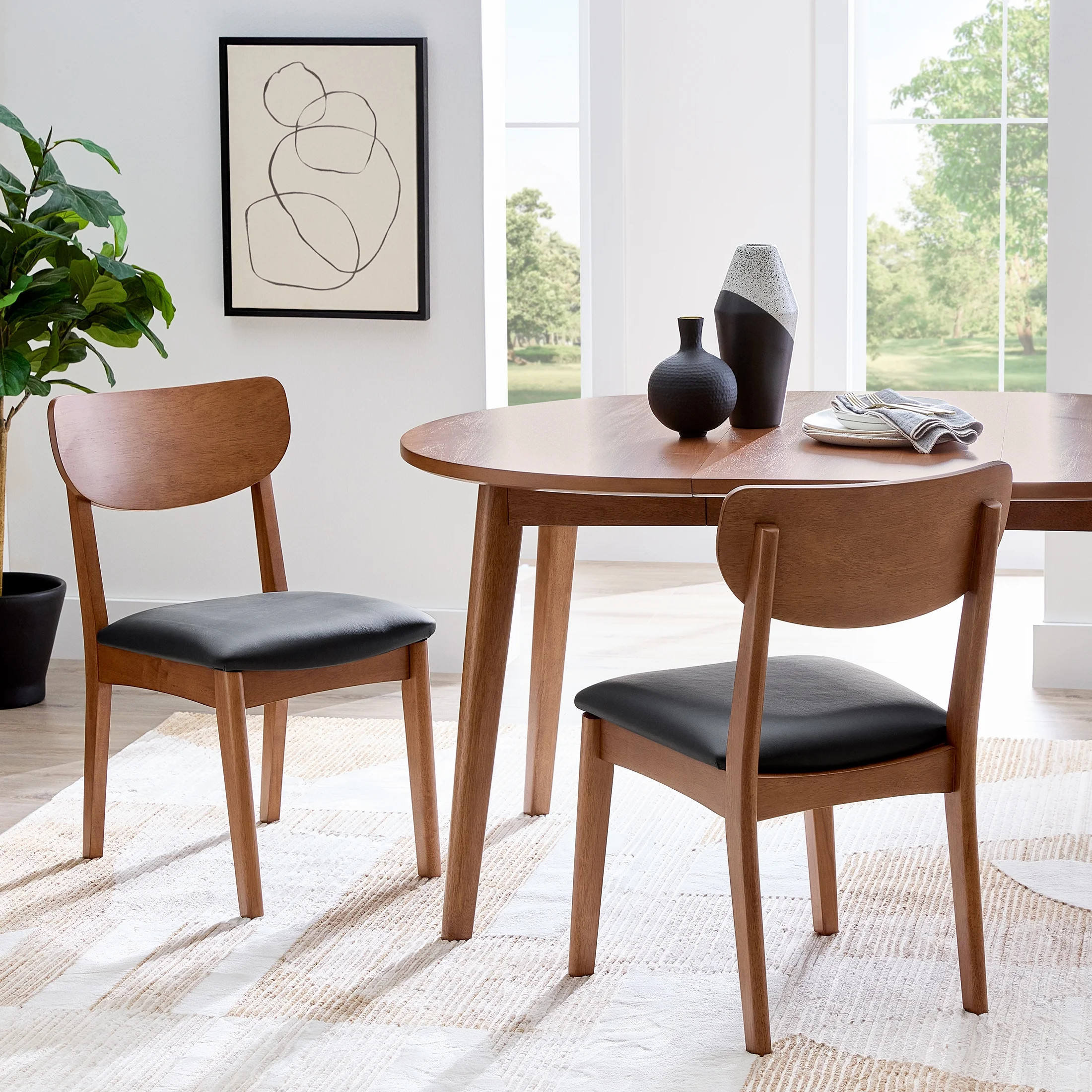 Better Homes & Gardens Greyson Mid-Century Dining Chairs, Black Faux Leather, Acorn Finish, Set o... | Walmart (US)