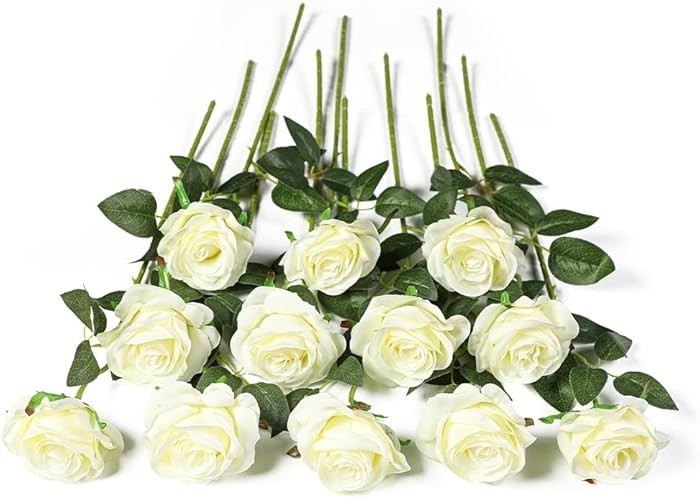 Kisflower 12Pcs White Roses Artificial Flowers, Realistic Single Stem Flowers Silk Rose Bouquet f... | Amazon (US)