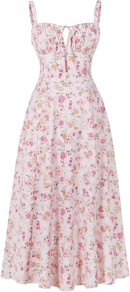 Women Floral Corset Dress Summer Dress 2024 Boho Flowy Slit Lace Up Midi Dresses Going Out A Line... | Amazon (US)