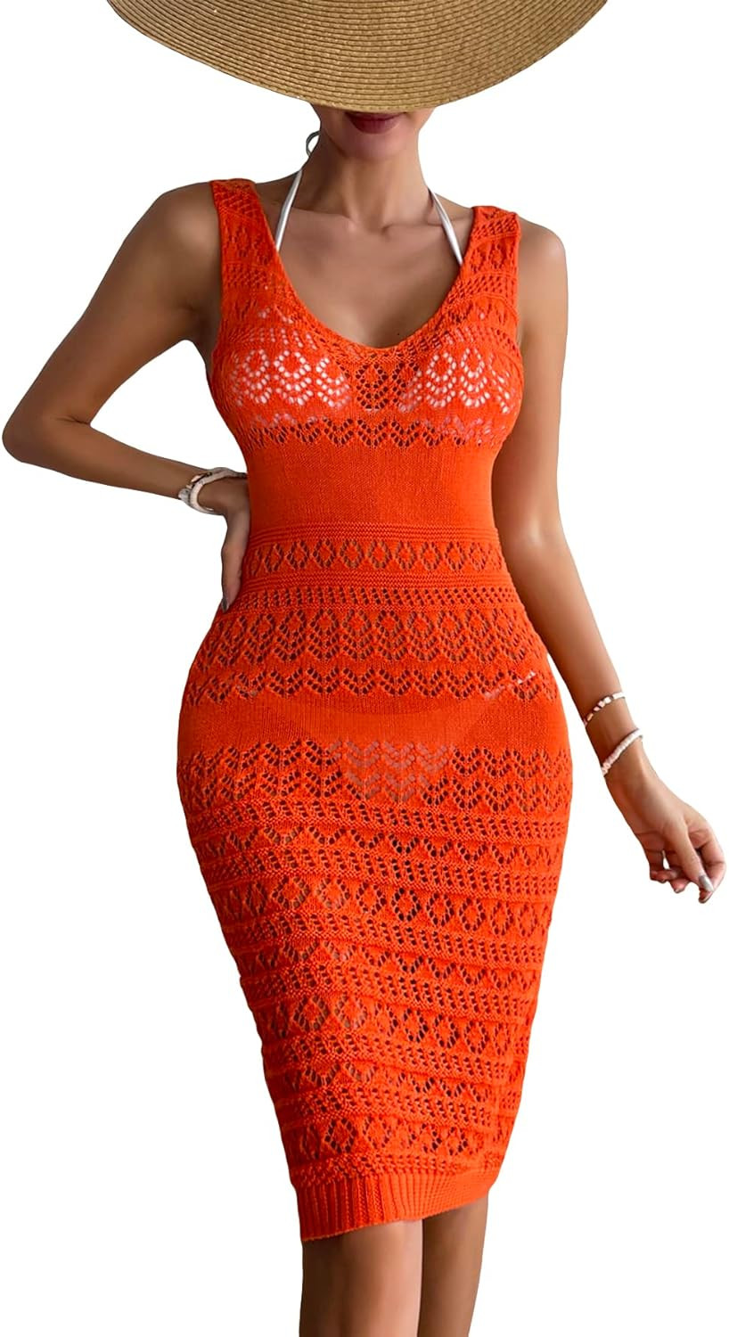 Milumia Women's Crochet Swim Cover Up Sleeveless Knitted Midi Beach Dress Beachwear | Amazon (US)