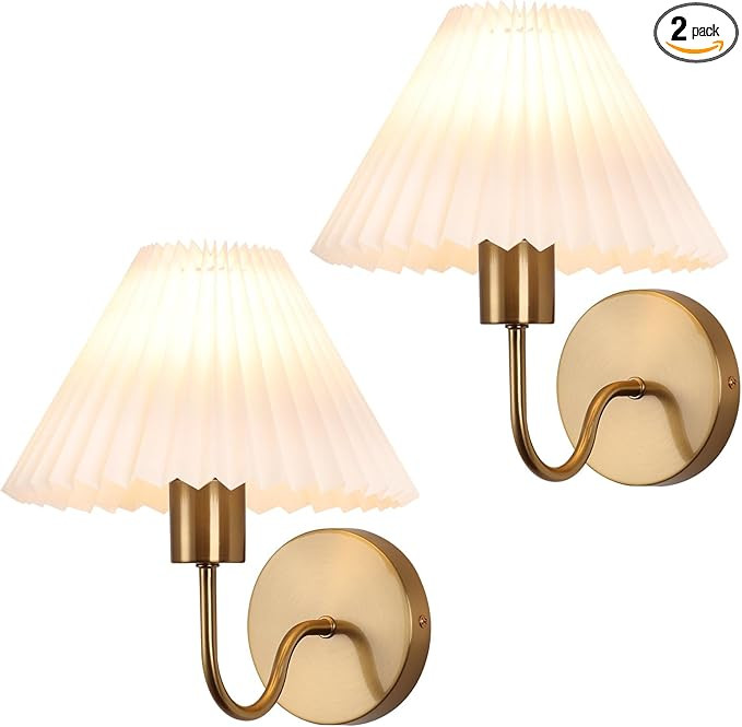 Brushed Gold Wall Sconces Sets of 2, White Pleated Fabric lampshade, Indoor Gooseneck Wall Lamp L... | Amazon (US)