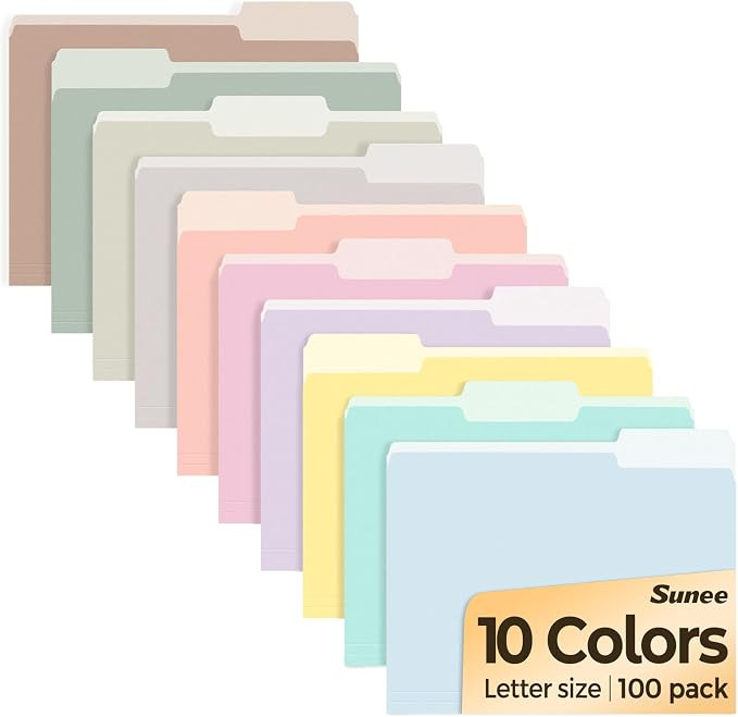 SUNEE File Folders, 100 Pack Manilla Folders 8.5 x 11, 10 Colors Folder Office Organization Home ... | Amazon (US)