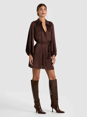 MARGAUX TIE FRONT MINI DRESS - DARK CHOCOLATE | Alice + Olivia