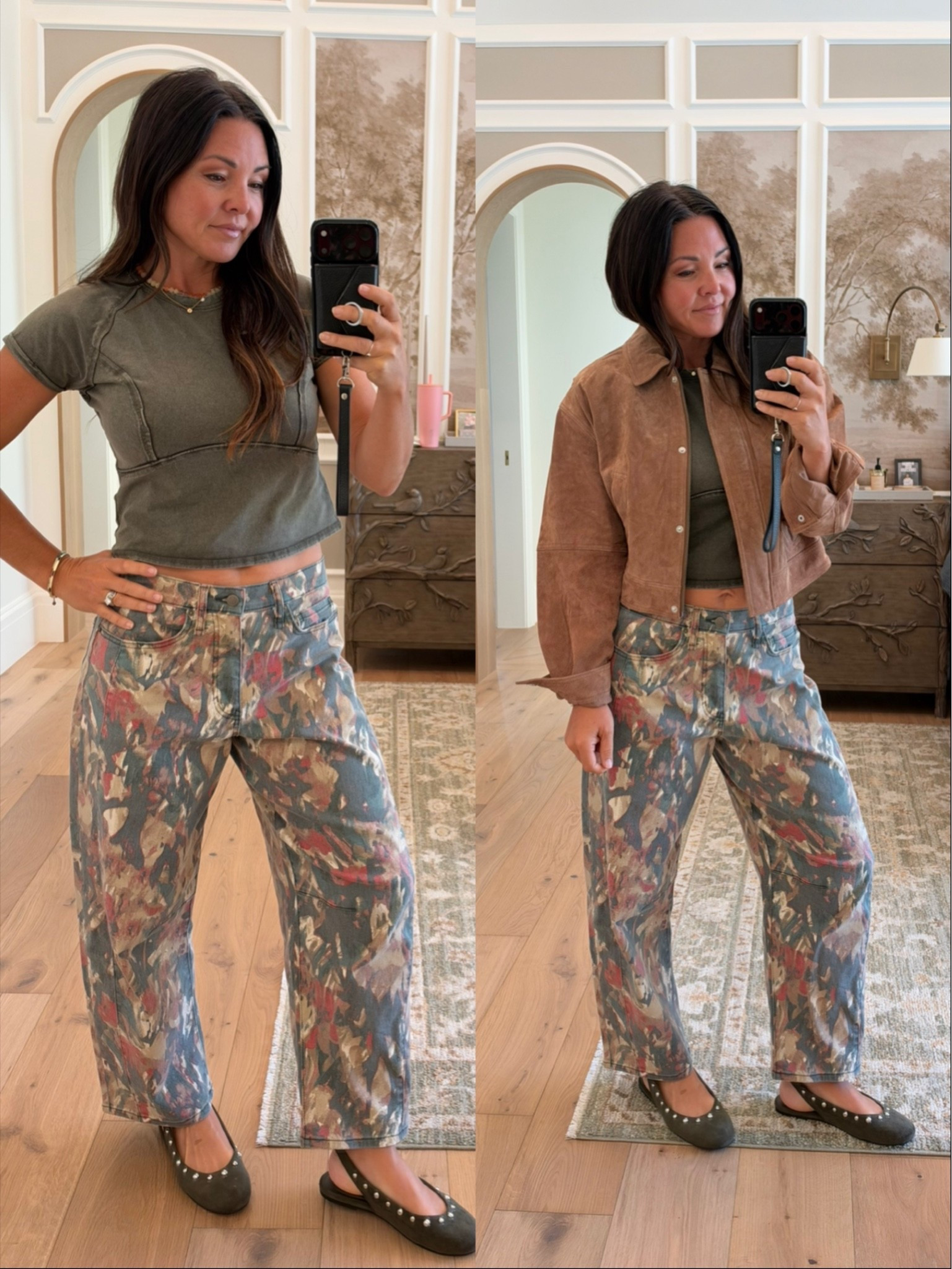 This Walmart outfit is giving free people vibes. 
Floral barrel jeans and faded t wig suede leather jacket and studded flats. 

Jeans and t shirt fit tts (wearing small and size 4) 
Size up in leather jacket (wearing medium) 
8-10