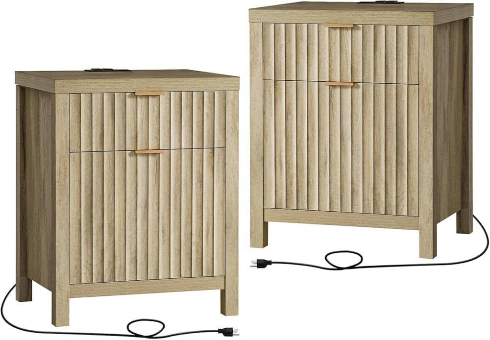 Oxford 2 Drawer Nightstand, End Table with Charging Station, Night Stand with Fluted Panel, Farmh... | Amazon (US)