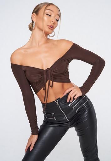 Chocolate Slinky Ruched Long Sleeve Crop Top | Missguided (US & CA)