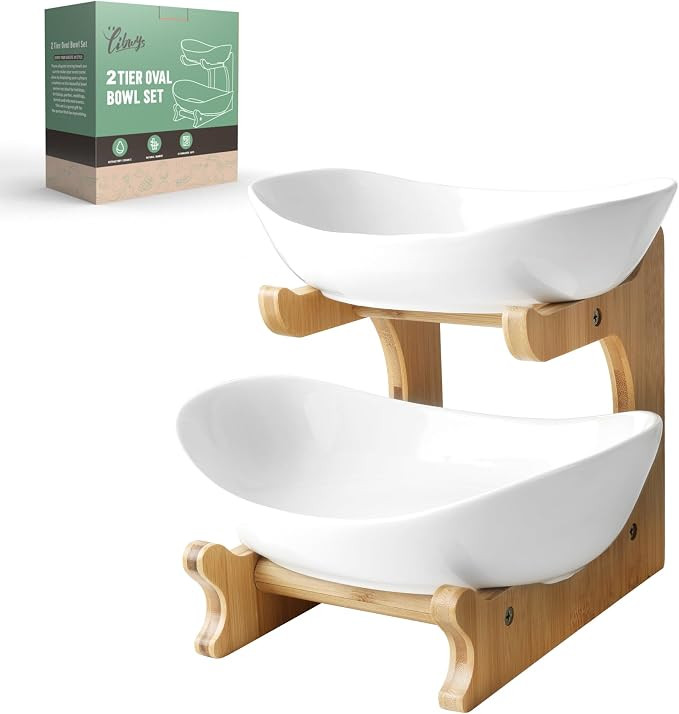 SEVEN SPARTA 2 Tier Fruit Bowl for Kitchen Counter/Ceramic Serving Bowls with Bamboo Stand/Tiered... | Amazon (US)