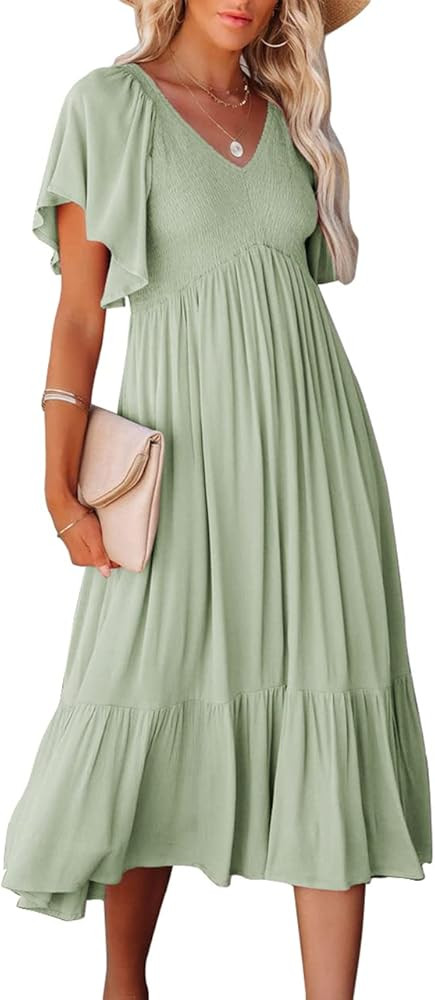 Zwurew Womens V Neck Short Flutter Sleeve Solid Smocked Ruffle Midi Tiered Dress | Amazon (US)